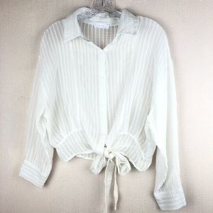 Oak + Fort Tie Front Button Down Crop White Sheer